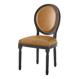 French Vintage Side Dining Chair, Faux Vegan Leather, Wood, Black Tan ...