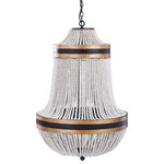 Harp and Finial - Porfino Chandelier Natural Wood Bead Body Gold and Black Metal Accents - The Porfino Chandelier is a traditional fixture with strings of natural wood beads and gold and black metal accents. This delicate hanging fixture is a beautiful addition to an entryway, dining room, or foyer. The black and gold accents and natural wood colors ensure this hanging lamp can work in a wide range of color schemes.