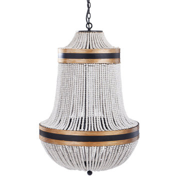 Porfino Chandelier Natural Wood Bead Body Gold and Black Metal Accents