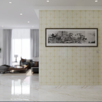 Modern Foyer with Geometric Wallpaper