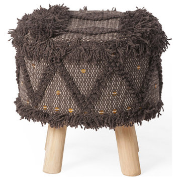 GDF Studio Mosiac Handcrafted Boho Fabric Stool with Metal Accents, Dark Brown + Natural