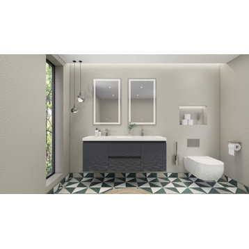 Belli 60" Double Sink Wall Mount Vanity Set, High Gloss Gray, Glossy White Top