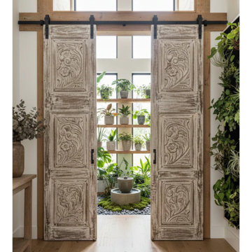 Carved Sliding Barn Doors, Statement Feature Wall