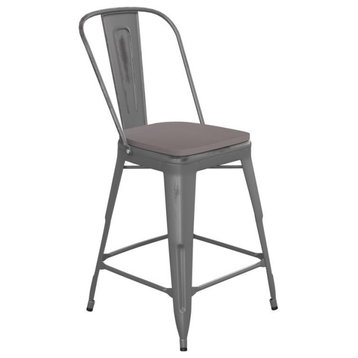 Carly Commercial Grade 24" High Metal Indoor-Outdoor Counter Height Stool, Silver Gray/Gray
