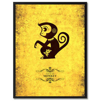 Monkey Chinese Zodiac Yellow Print on Canvas with Picture Frame, 13"x17"