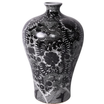 Vase Dragon Prunus Black Ceramic Handmade Hand-Crafted
