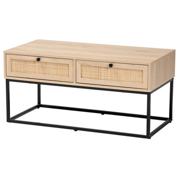 Baxton Studio Amelia Brown Wood and Natural Rattan 2-Drawer Coffee Table