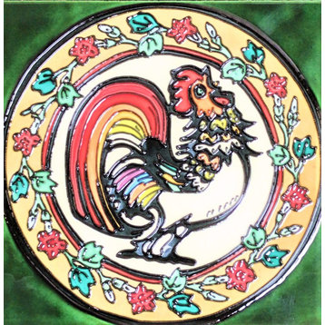 8x8" Rooster Ceramic Art Tile Hot Plate Trivet Wall Decor With Green Background