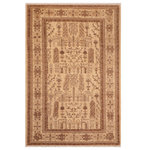 Bareens Designer Rugs - Shabby Chic Ziegler Janene Beige Brown Hand-Knotted Wool Rug - 6'1'' x 9'2'' - Enhance the ambiance of your home with this magnificent Persian-influenced Turkish hand-knotted rug made by skilled artisans capable of creating the most exceptional vegetable dyes and hand-spun wool. This exquisite handmade rug is a one-of-a-kind Peshawar Kafkaz, otherwise identified as Chobi, Chobi Peshawar, Oushak, or Ziegler rug. These handmade rugs are crafted in Pakistan utilizing superior-quality wool imported from Australia, New Zealand, and Korea in two types of weaves: the Persian weave and the Mori weave. This rug is meticulously crafted by hand using the finest natural vegetable dyes extracted from local plants. The artisans use a blend of hand-spun local and fine merino wool, resulting in a rug with a compelling texture, higher lanolin content, and longer staple. The artisans occasionally incorporate natural or artificial silk into the pile to enhance specific motifs. The finished product is an awe-inspiring execution of flawless design and an understated palette that exudes elegance.
