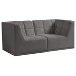 Meridian Furniture - Relax Velvet Upholstered 2-Piece Modular Sofa, Grey - Bolster a contemporary vibe in your living room with this Relax grey modular sofa. Soft grey velvet upholstery offers delicate comfort, making this sofa cozy for anyone who sits in it. Biscuit tufting gives this sofa texture and a modern style, adding extra comfort and elegance to your living space. It's modular design allows you to create infinite configurations, making it a versatile piece to add to your home. A latch underneath the sofa makes it easy to attach to other pieces.