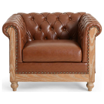 Traditional Accent Chair, Cushioned Seat With Button Tufted Back, Cognac Brown
