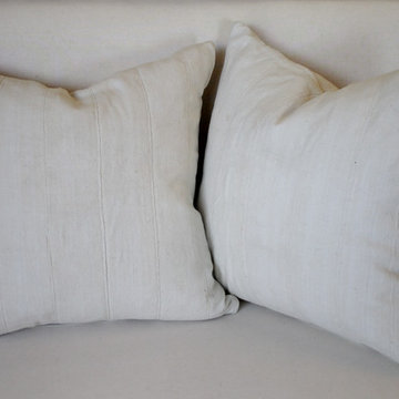 Pair of Creamy White African Mudcloth Pillows with Original Fringe Accents