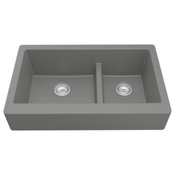 Karran Retrofit Farmhouse Quartz 34" Double Offset Bowl Sink, Grey