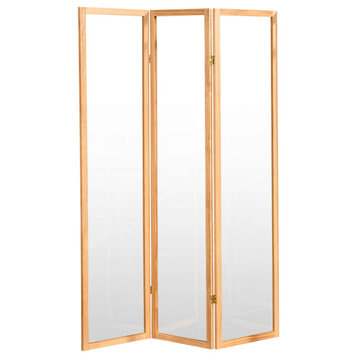 Modern Room Divider, Natural Wooden Frame With Clear Acrylic Screen, 3 Panels
