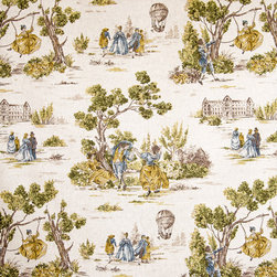 Yellow gold blue toile fabric French country vintage look - Fabric