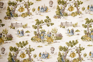 Yellow gold blue toile fabric French country vintage look