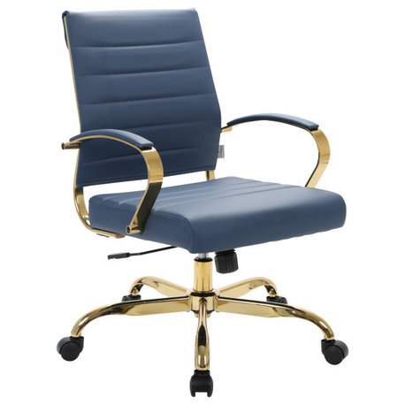 Leather Office Chair Mid-Back Design Swivel Tilt With Gold Base, Navy Blue