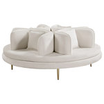 Meridian Furniture - Circlet Velvet Upholstered Roundabout Sofa, Cream - Bring untold elegance to your room with this Circlet velvet roundabout sofa. This exceptionally crafted piece of furniture is upholstered with soft cream velvet material that's sumptuous to the touch. The four back cushions and matching pillows are comforting to the back as you and guests sit, and the gold iron legs make the sofa a sturdy addition to your room.