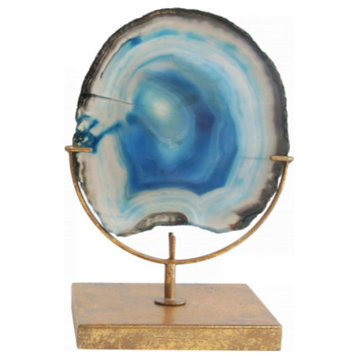 Decorative Agate Stone Slice on Metal Stand, Blue
