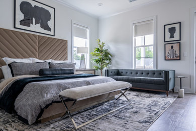 Inspiration for a transitional master bedroom remodel in Atlanta with white walls