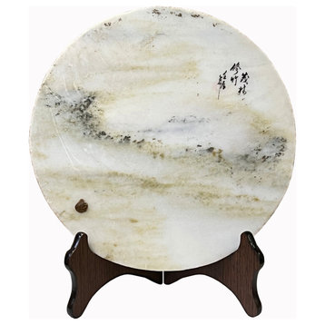 Chinese Natural Dream Stone Round White Fengshui Plaque Birdcage, Hws2259