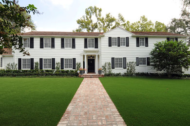 Large elegant white two-story wood gable roof photo in Los Angeles