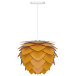 UMAGE - Aluvia Hardwired Pendant, Mini, Saffron/White - Modern. Elegant. Striking. The VITA Aluvia is an artistic assemblage of 60 precision-cut aluminum leaves, overlapping each other on a durable polycarbonate frame. These metal leaves surround the light source, emitting glare-free, ambient light.  The underside of each leaf is painted white for increased light reflection, and the exterior is finished in one of six designer colors. Available in two sizes, the Medium (18.9"h x 23.3"w) can be used as a pendant or hanging wall lamp, while the Mini (11.8"h x 15.7"w) is available as a pendant, table lamp, floor lamp or hanging wall lamp. Hang it over the dining table, position it in a corner, or use as a statement piece anywhere; the Aluvia makes an artistic impact in any room.
