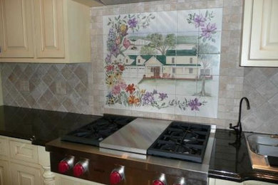 Kitchen - mid-sized kitchen idea in Chicago with granite countertops, stainless steel appliances and an island