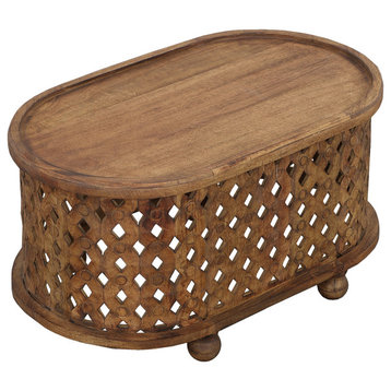 Benzara UPT-242449 36" Cutout Design Oval Coffee Table, Antique Brown