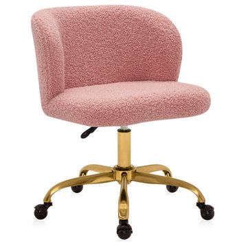 Modern Upholstered Boucle Desk Chair with Swivel Wheels, Gold-Pink