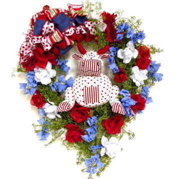 24"x27" Red, White, Blue Patriotic Silk Wreath With Bull Cow Grapevine