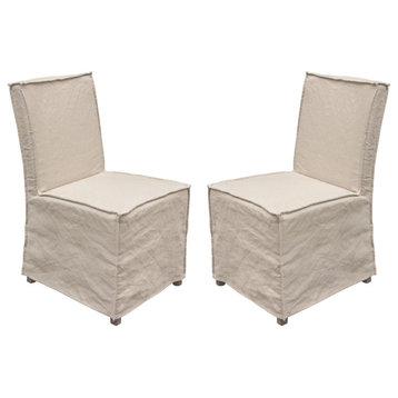 2-Pack Dining Chairs with Wood Legs and Sand Linen Removable Slipcover