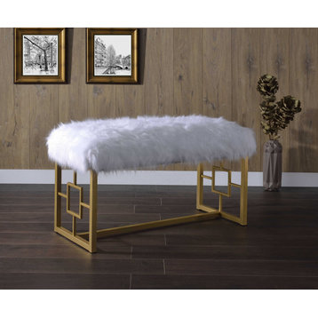HomeRoots 18" X 38" X 21" White Faux Fur Gold Metal Upholstered, Seat Bench