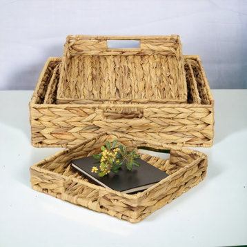 4-Piece Water Hyacinth Square Tray With Metal Frame