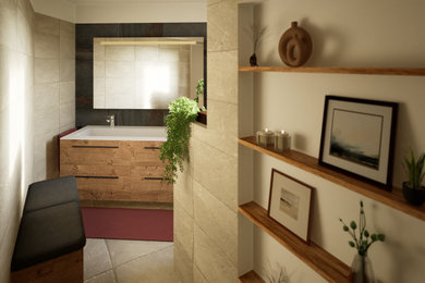 Idée de décoration pour une salle de bain principale bohème en bois brun de taille moyenne avec une grande vasque et une douche ouverte.