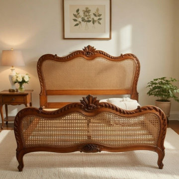 French Provincial Cane Bed | Hand-Carved Louis XV Style Teak Wood Bed
