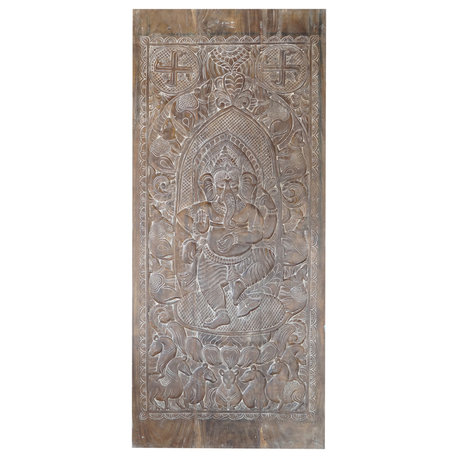 Consigned Vintage Temple Ganesha Sculpture Carved Indian Door 96