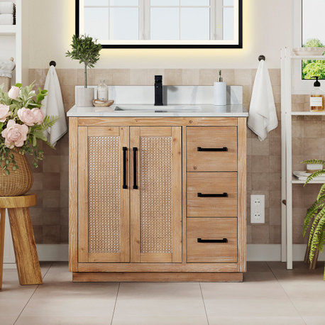 Floral Vanity, Calacatta White Quartz Countertop, Light Brown, 36", No Mirror