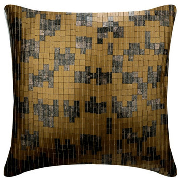 Designer 20"x20" Sequins Antique Gold Art Silk Pillow Covers, Checkered Gold