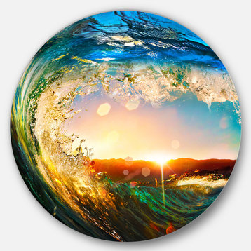 Colored Ocean Waves Falling Down, Seashore Disc Metal Wall Art, Disc of 36 Inch