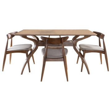 GDF Studio 5-Piece Issaic Fabric and Finished Wood Dining Set, Light Gray/Natural Walnut