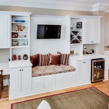 White Multi-Purpose Bar Desk Entertainment Center and Cabinet Seating Area