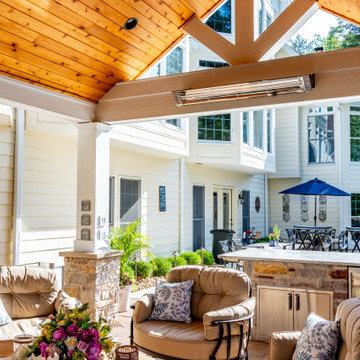 Pool Side Covered Patio with Fireplace and Bar Area