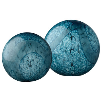 Indigo Swirl Glass Balls Set 2 Spheres Turquoise Blue Organic Decorative
