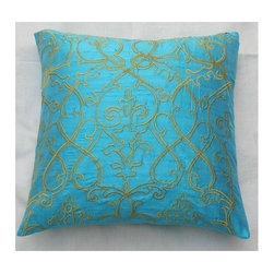 aqua blue pillow with yellow filigree embroidery - Bedroom Products