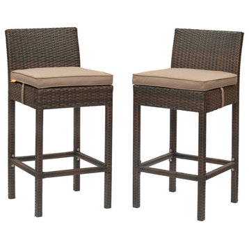 Contemporary Outdoor Patio Bar Stool Chair, Set of Two, Fabric Rattan, Brown