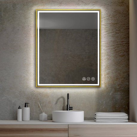 Fogless, Dimmable, Color Temperature Adjustable LED Mirror, Brush Gold, 30x36