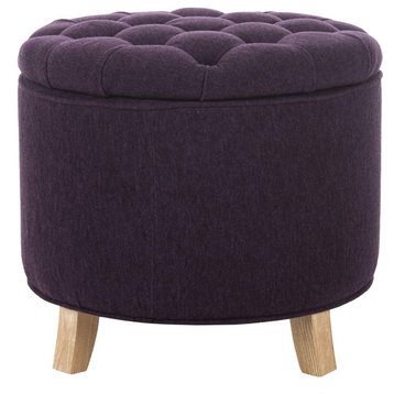 Transitional Storage Ottoman, Round Design With Button Tufted Quilted Top