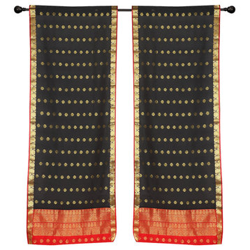 2 Lined Black Bohemian Indian Sari Curtains Rod Pocket Living Room -43W x 84L