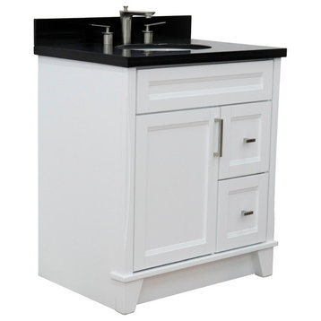 31" Single Sink Vanity, White Finish With Black Galaxy Granite With Oval Sink